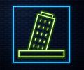 Glowing neon line Leaning Tower in Pisa icon isolated on brick wall background. Italy symbol. Vector