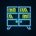 Glowing neon line Library bookshelf icon isolated on black background. Colorful outline concept. Vector