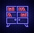 Glowing neon line Library bookshelf icon isolated on brick wall background. Colorful outline concept. Vector