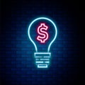 Glowing neon line Light bulb with dollar symbol icon isolated on brick wall background. Money making ideas. Fintech Royalty Free Stock Photo