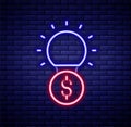 Glowing neon line Light bulb with dollar symbol icon isolated on brick wall background. Money making ideas. Fintech Royalty Free Stock Photo