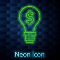 Glowing neon line Light bulb with dollar symbol icon isolated on brick wall background. Money making ideas. Fintech Royalty Free Stock Photo