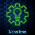 Glowing neon line Light bulb and gear icon isolated on brick wall background. Innovation concept. Business idea. Vector Royalty Free Stock Photo