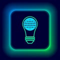Glowing neon line Light bulb with inside world globe icon isolated on black background. Planet Earth on the lamp. Global Royalty Free Stock Photo