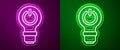 Glowing neon line Light bulb with lightning symbol icon isolated on purple and green background. Light lamp sign. Idea Royalty Free Stock Photo