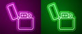 Glowing neon line Lighter icon isolated on purple and green background. Vector