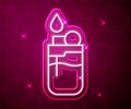 Glowing neon line Lighter icon isolated on red background. Vector