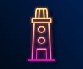 Glowing neon line Lighthouse icon isolated on black background. Vector