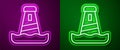 Glowing neon line Lighthouse icon isolated on purple and green background. Vector