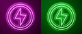 Glowing neon line Lightning bolt icon isolated on purple and green background. Flash sign. Charge flash icon. Thunder Royalty Free Stock Photo