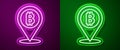 Glowing neon line Location bitcoin icon isolated on purple and green background. Physical bit coin. Blockchain based