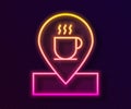Glowing neon line Location with coffee cup icon isolated on black background. Vector Illustration Royalty Free Stock Photo