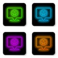 Glowing neon line Location peace icon isolated on white background. Hippie symbol of peace. Black square button. Vector Royalty Free Stock Photo