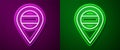 Glowing neon line Location Russia icon isolated on purple and green background. Navigation, pointer, location, map, gps