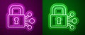 Glowing neon line Lock with bitcoin icon isolated on purple and green background. Cryptocurrency mining, blockchain Royalty Free Stock Photo