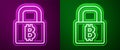 Glowing neon line Lock with bitcoin icon isolated on purple and green background. Cryptocurrency mining, blockchain Royalty Free Stock Photo