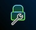 Glowing neon line Lock repair icon isolated on black background. Padlock sign. Security, safety, protection, privacy