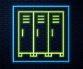 Glowing neon line Locker or changing room for hockey, football, basketball team or workers icon isolated on brick wall