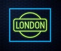 Glowing neon line London sign icon isolated on brick wall background. Vector