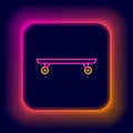 Glowing neon line Longboard or skateboard cruiser icon isolated on black background. Extreme sport. Sport equipment