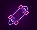 Glowing neon line Longboard or skateboard cruiser icon isolated on black background. Extreme sport. Sport equipment