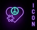 Glowing neon line Love peace icon isolated on black background. Hippie symbol of peace. Colorful outline concept. Vector Royalty Free Stock Photo