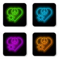 Glowing neon line Love peace icon isolated on white background. Hippie symbol of peace. Black square button. Vector Royalty Free Stock Photo