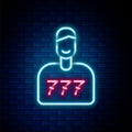 Glowing neon line Lucky player icon isolated on brick wall background. Colorful outline concept. Vector