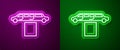 Glowing neon line Luxury limousine car and carpet icon isolated on purple and green background. For world premiere