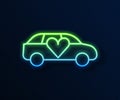 Glowing neon line Luxury limousine car icon isolated on blue background. For world premiere celebrities and guests