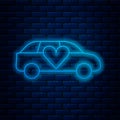 Glowing neon line Luxury limousine car icon isolated on brick wall background. For world premiere celebrities and guests