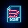 Glowing neon line M3U file document. Download m3u button icon isolated on brick wall background. M3U file symbol