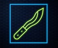 Glowing neon line Machete or big knife icon isolated on brick wall background. Vector