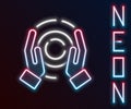 Glowing neon line Magic ball on hand icon isolated on black background. Crystal ball. Colorful outline concept. Vector Royalty Free Stock Photo