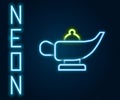 Glowing neon line Magic lamp or Aladdin lamp icon isolated on black background. Spiritual lamp for wish. Colorful