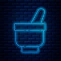 Glowing neon line Magic mortar and pestle icon isolated on brick wall background. Vector Illustration Royalty Free Stock Photo