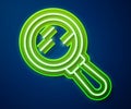 Glowing neon line Magnifying glass icon isolated on blue background. Search, focus, zoom, business symbol. Vector Royalty Free Stock Photo