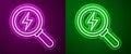 Glowing neon line Magnifying glass with lightning bolt icon isolated on purple and green background. Flash sign. Charge Royalty Free Stock Photo