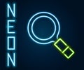 Glowing neon line Magnifying glass with search icon isolated on black background. Detective is investigating. Colorful