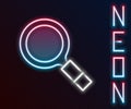 Glowing neon line Magnifying glass with search icon isolated on black background. Detective is investigating. Colorful