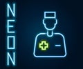 Glowing neon line Male doctor icon isolated on black background. Colorful outline concept. Vector Royalty Free Stock Photo