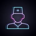 Glowing neon line Male doctor icon isolated on black background. Vector