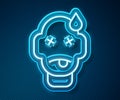 Glowing neon line Man poisoning icon isolated on blue background. Vector