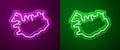 Glowing neon line Map of Iceland icon isolated on purple and green background. Vector