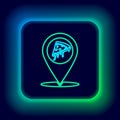 Glowing neon line Map pointer with fast food slice pizza icon isolated on black background. Pizzeria location icon