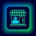 Glowing neon line Marijuana and cannabis store icon isolated on black background. Equipment and accessories for smoking