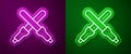 Glowing neon line Marshalling wands for the aircraft icon isolated on purple and green background. Marshaller