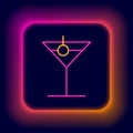 Glowing neon line Martini glass icon isolated on black background. Cocktail icon. Wine glass icon. Colorful outline