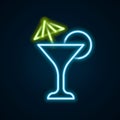 Glowing neon line Martini glass icon isolated on black background. Cocktail icon. Wine glass icon. Colorful outline