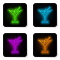 Glowing neon line Martini glass icon isolated on white background. Cocktail icon. Wine glass icon. Black square button Royalty Free Stock Photo